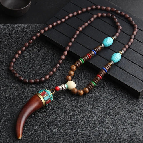 Unisex Handmade Necklace Nepal Buddhist Mala Wood Beads Pendant &