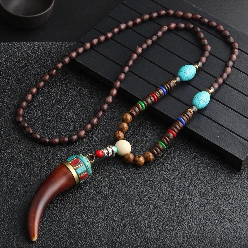 Unisex Handmade Necklace Nepal Buddhist Mala Wood Beads Pendant &