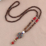 New Vintage Nepal Long Buddhist Mala Wood Beaded Pendant & Necklace