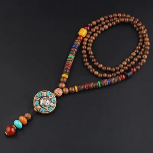 New Vintage Nepal Long Buddhist Mala Wood Beaded Pendant & Necklace