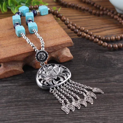 New Vintage Nepal Long Buddhist Mala Wood Beaded Pendant & Necklace