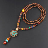 New Vintage Nepal Long Buddhist Mala Wood Beaded Pendant & Necklace