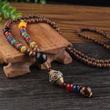 New Vintage Nepal Long Buddhist Mala Wood Beaded Pendant & Necklace