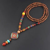 New Vintage Nepal Long Buddhist Mala Wood Beaded Pendant & Necklace