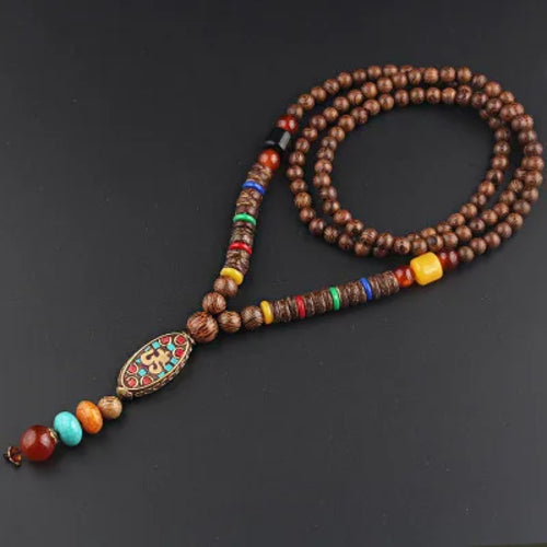 New Vintage Nepal Long Buddhist Mala Wood Beaded Pendant & Necklace