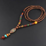 New Vintage Nepal Long Buddhist Mala Wood Beaded Pendant & Necklace