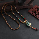 New Vintage Nepal Long Buddhist Mala Wood Beaded Pendant & Necklace