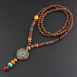 New Vintage Nepal Long Buddhist Mala Wood Beaded Pendant & Necklace
