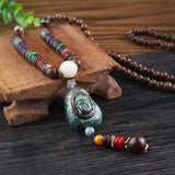 New Vintage Nepal Long Buddhist Mala Wood Beaded Pendant & Necklace