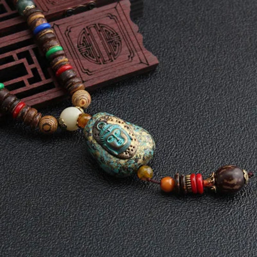 New Vintage Nepal Long Buddhist Mala Wood Beaded Pendant & Necklace