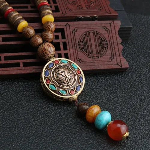New Vintage Nepal Long Buddhist Mala Wood Beaded Pendant & Necklace