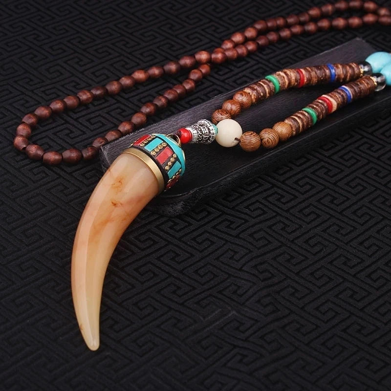 Unisex Handmade Necklace Nepal Buddhist Mala Wood Beads Pendant &