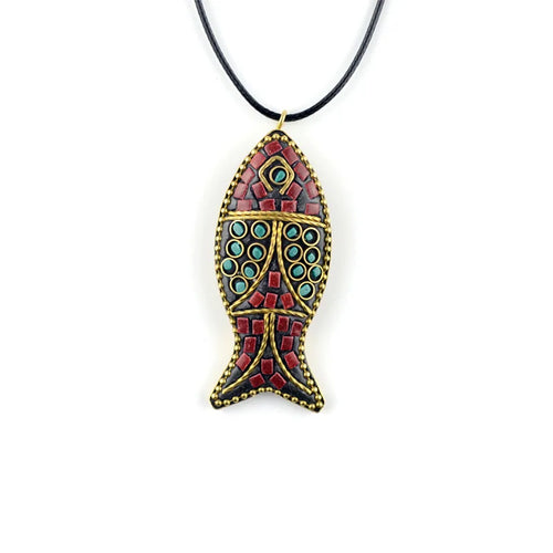 60x24mm Nepal Handmade Fish Pendant Creative Ethnic Style Necklace