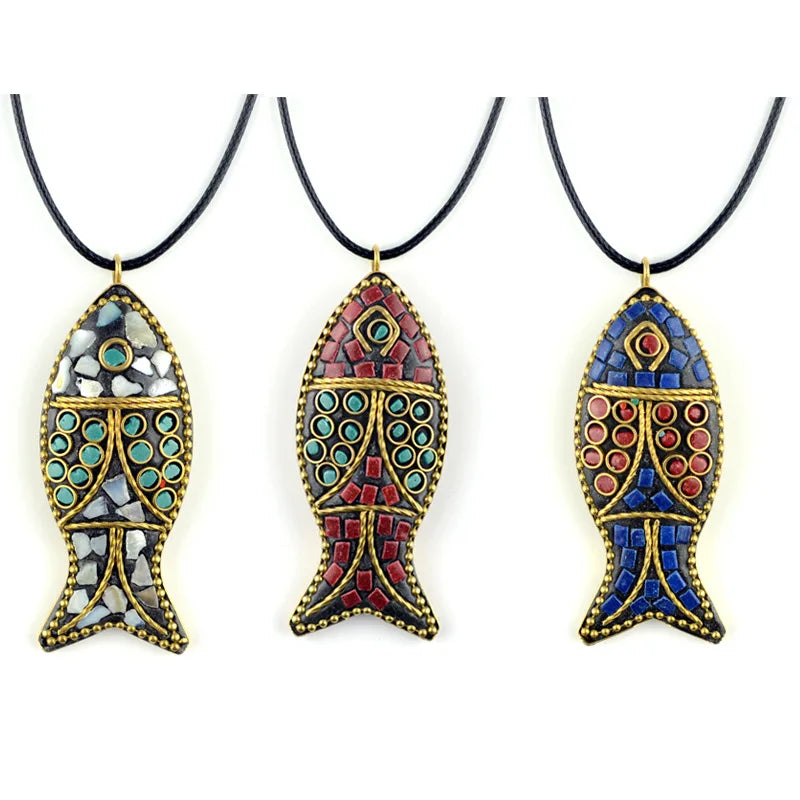 60x24mm Nepal Handmade Fish Pendant Creative Ethnic Style Necklace